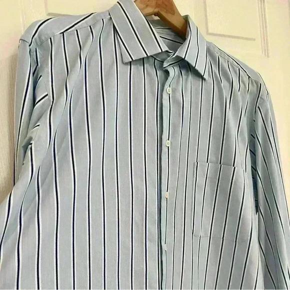 Harry & Sons Blue Striped Button Down Dress Shirt Size 17 34/35 Italian - Picture 2 of 6